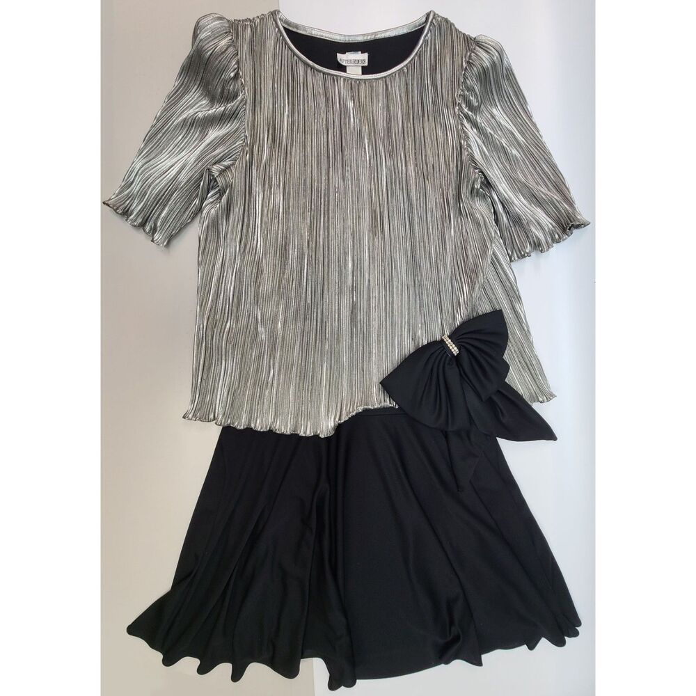 Vintage After Dark Metallic Silver Evening Dress Pleated Formal Maxi Gown 90's